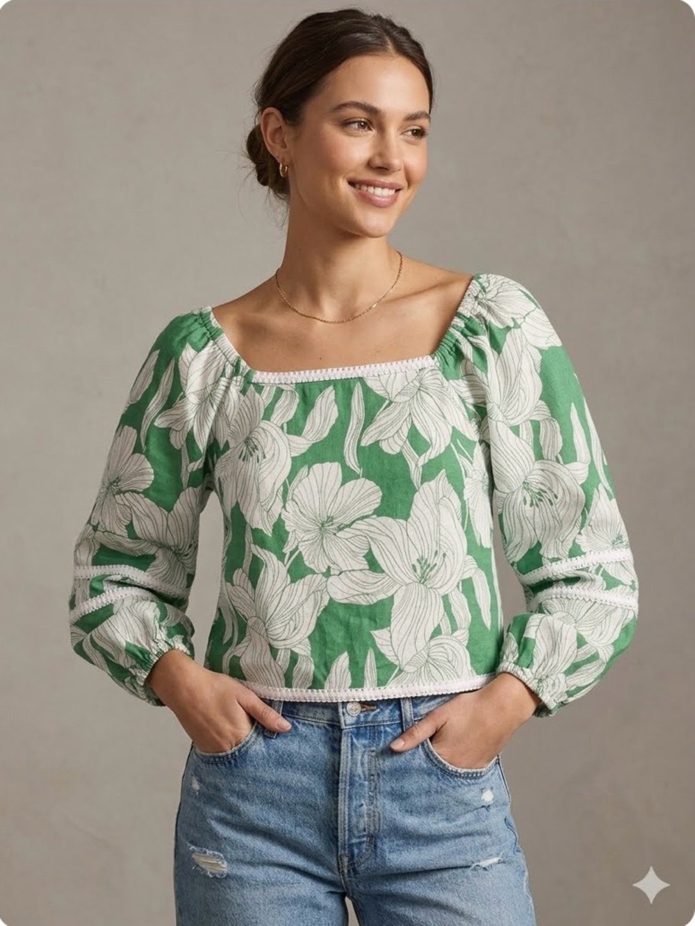 Tahari Green Floral Square-Neck Blouse, linen